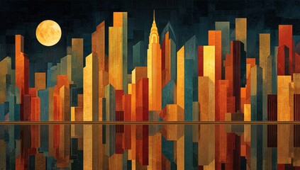 Obraz premium Stylized cityscape at night with a full moon, reflecting in calm water
