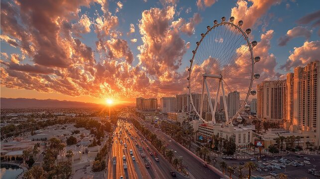 Stunning Sunset Over Las Vegas Strip with High Roller Ferris Wheel and Cityscape.