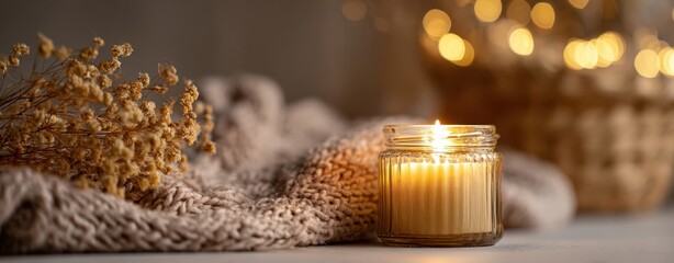 The Candle on Cozy Knit Blanket with Dried Flowers and Warm Bokeh Lights