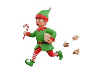 A cheerful cartoon elf in green running with candy cane and presents isolated on transparent background