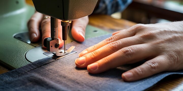 A person skillfully guides fabric through a sewing machine for precise stitching and cutting