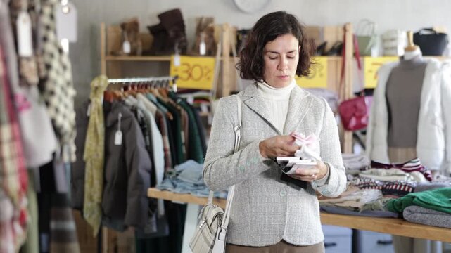 Adult woman in a blazer holds sets of cotton socks in hands and chooses between them, she stands in a clothing store against the background of a shelf and a counter. High quality 4k footage