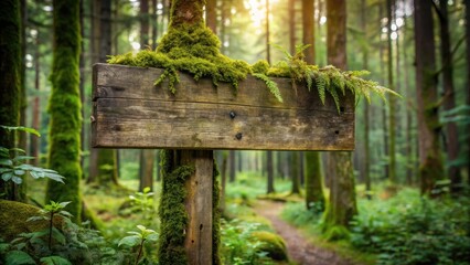 Weathered wooden sign leaning against a rustic old post with vines and moss growing on it in a serene forest scene, natural