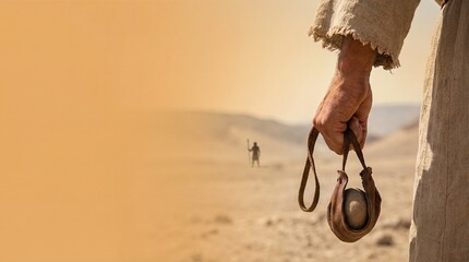 Man holding a slingshot with stone, facing a distant figure in a desert landscape. Biblical story of David and Goliath.
