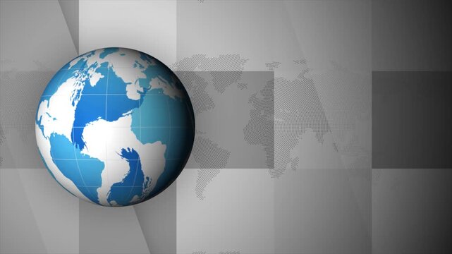 A high-definition video showcasing a 3D globe with blue oceans on a gray grid background from a top viewpoint, 3D Rotating Blue Earth Globe on Modern News Background with Digital Grid
