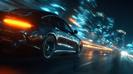 Naklejka premium A stunning image of car motion trails. Speed light streaks background with blurred fast moving light effect, Racing cars dynamic flash effects city road with long exposure night.