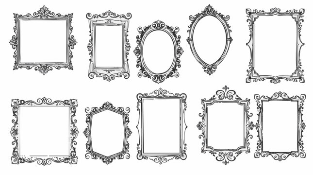 Elegant hand-drawn ornate picture frames collection, featuring vintage black and white outline designs in diverse classic and decorative shapes