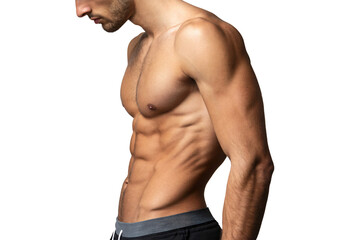 Obraz premium Muscular shirtless man torso with defined abs side angle view, isolated on a transparent background
