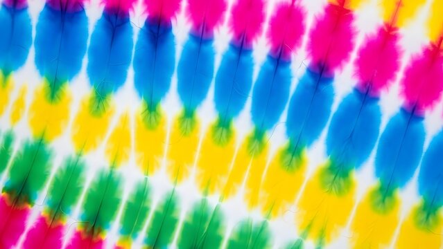 Diagonal rainbow tie dye stripe pattern. Bright textile design for apparel and crafts. Multi colored ink bleeding into white fabric creating a rhythmic colorful texture