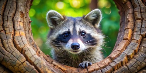 A playful raccoon peeking out from a tree hollow with bright curious eyes and fluffy fur , wildlife, nature
