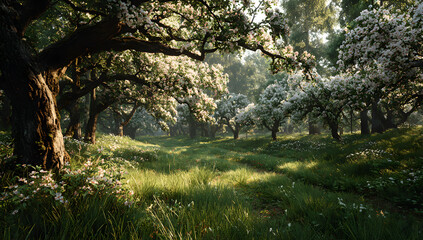Fototapeta premium Summer scene of an orchard with blossoming apple trees, suitable as a natural backdrop for agricultural layouts