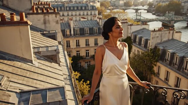 Bride in a white wedding dress standing on a parisian balcony overlooking rooftops and a river