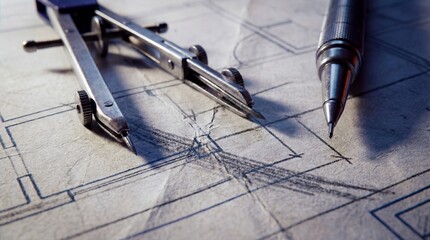 Close-up of Engineering Tools on Technical Drawing Plan