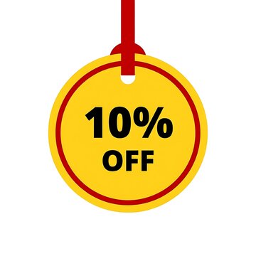 Yellow circular discount tag with red border and ribbon  10 percent off