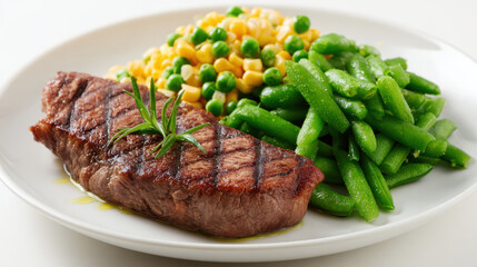 Juicy grilled steak served with a colorful mix of corn, peas, and green beans. A perfectly cooked steak with grill marks sits on a white plate alongside a vibrant medley of fresh vegetables