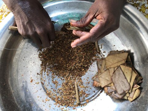 A close up photo of the hands of a woman working in the beedi industry, a small business that produces in Asian countries.