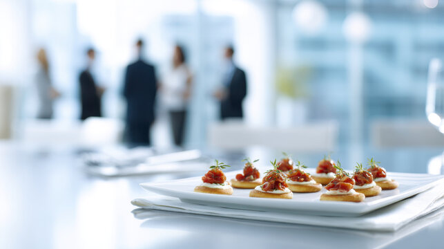Gourmet appetizers served on a platter at a business event with blurred people in background. Elegant canapes with fresh toppings are presented on white plate, ready for guests at corporate gathering