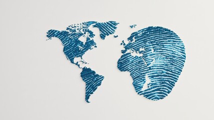 A stylized world map created using blue fingerprint patterns, symbolizing identity and global connectivity.