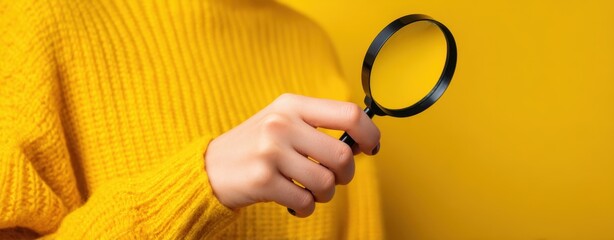 The Magnifying Glass Held by a Person in a Yellow Sweater Against Yellow Background
