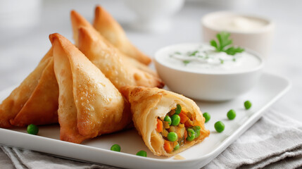 Golden brown vegetable samosas served with creamy dipping sauce and fresh peas. Crispy fried samosas filled with mixed vegetables and served with a side of yogurt dip and scattered peas