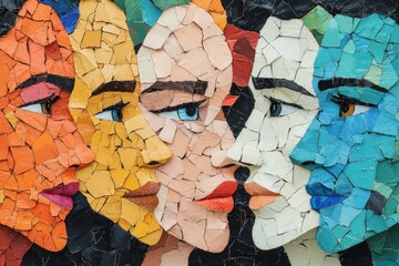 A vibrant mosaic artwork showcases colorful faces, highlighting diversity and human connection through expressive features and intricate tile work.