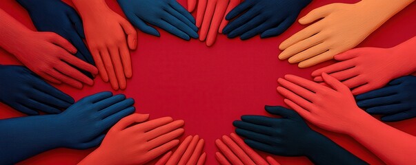 A vibrant arrangement of gloved hands in red and blue forms a heart shape against a red background, symbolizing unity and collaboration.