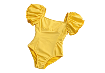 Yellow ruffled sleeve one-piece swimsuit with elegant neckline, isolated on a transparent background
