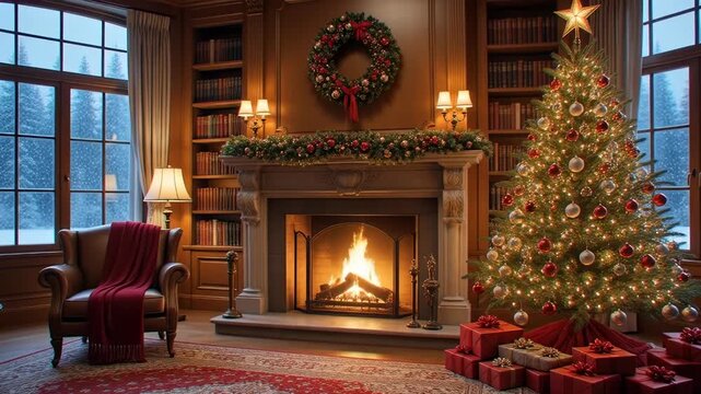 Cozy Christmas living room featuring a glowing fireplace and decorated tree with gifts, set in a snowy winter library 3D animation, perfect for holiday greetings.