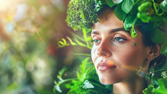 Woman Adorned with Fresh Greens in Serene Nature Setting