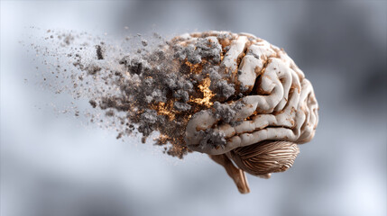 Human brain disintegrating into dust, symbolizing cognitive decline and mental decay. Conceptual representation of brain rot, where organ is breaking apart, signifying mental degradation loss of self