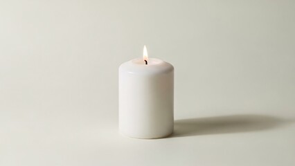 A single white candle with a small flame burning on a plain surface with a subtle shadow cast on a light background