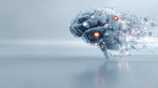 Digital brain with social media icons dissolving into data streams. A futuristic depiction of a human brain connected to digital networks, with social media icons fragmenting and flowing away - Powered by Adobe