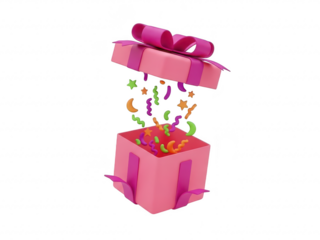 Pink gift box with confetti and stars on transparent background