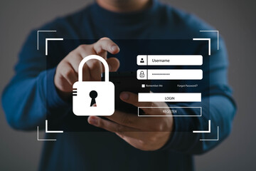 Person using a smartphone with secure login interface and lock icon overlay, representing cybersecurity, data protection, user authentication, mobile security, and digital privacy concept.