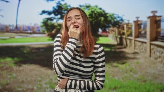 Woman biting fingernail with hand to mouth, eyes closed, striped top visible, standing near stone fence and park lawn on street; nervousness vulnerability.