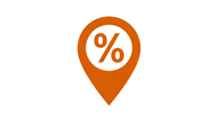 Orange map pin icon with percentage symbol inside discount indicator navigation marker sale sign promotional emblem location identifier orange color isolated on transparent white background