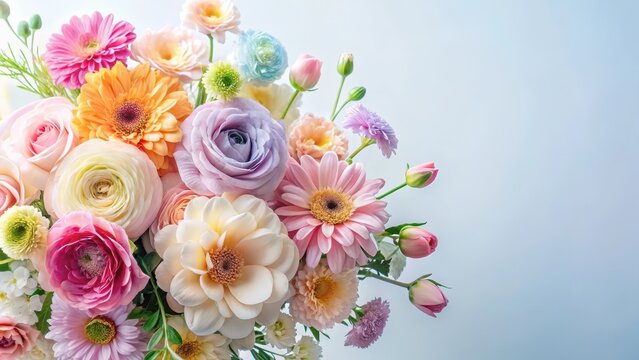Vibrant floral arrangement with pastel hues and delicate petals set against a soft white background , pastel colors, flower bouquet