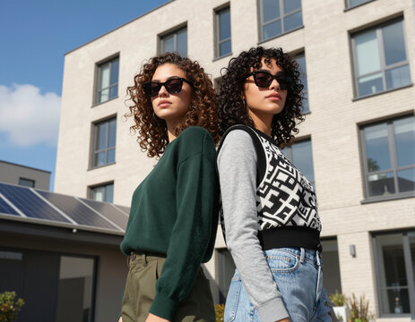 Diverse fashion influencers in brutalist architecture, urban chic