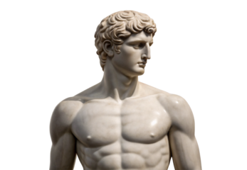 White marble classical Greek male sculpture bust with curly hair, isolated on a transparent background