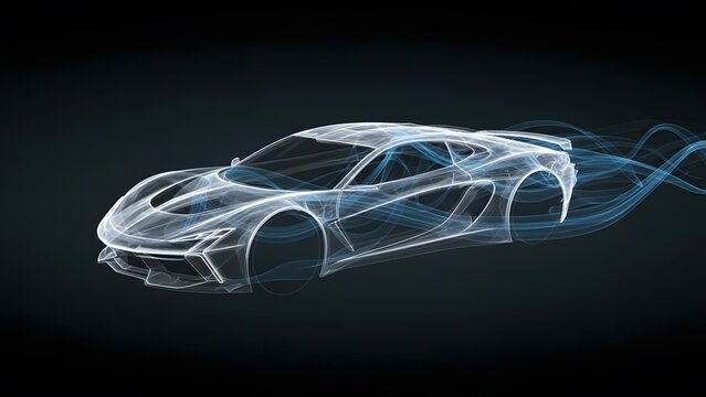 Automotive engineering and aerodynamics physics concept car shape blue wind tunnel smoke streams air flow efficiency speed velocity vehicle design fluid dynamics abstract technology illustration