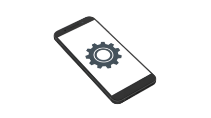 Black smartphone with gear icon screen for settings concept isolated on transparent white background