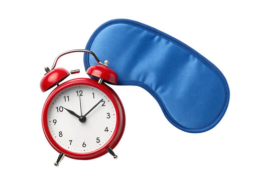 Red alarm clock with blue sleep mask bedtime essentials, isolated on a transparent background
