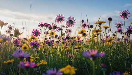 A vibrant field of colorful wildflowers blooms under a clear blue sky, capturing the beauty of nature in full bloom.
