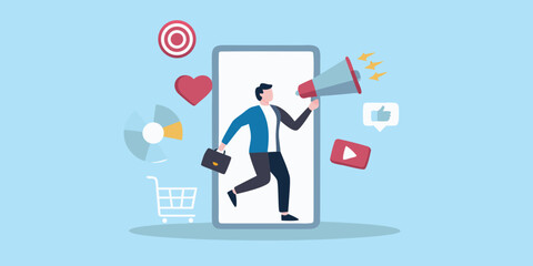 a man on a smartphone holding a megaphone for marketing