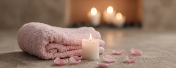 The Towel and Candle in a Relaxing Spa Setting with Rose Petals