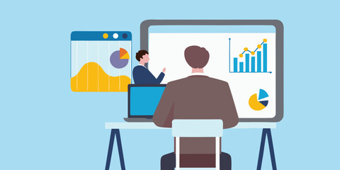 Two businessmen analyzing data on a large computer screen and laptop