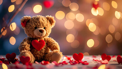 Cuddle of Love: A plush teddy bear, embracing a heart, sits amidst a scattering of vibrant red hearts, bathed in the soft, enchanting glow of blurred lights.