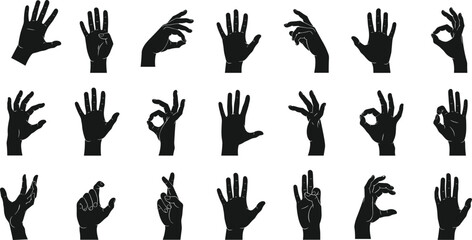 Fototapeta premium Black silhouette icons featuring 20 expressive hand gestures including peace sign, pointing, OK symbol, and open palms