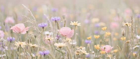 A serene field filled with colorful wildflowers, including pink poppies and yellow daisies, swaying gently in a soft breeze.