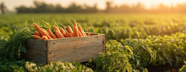The Carrots in a Rustic Wooden Crate on a Sunlit Farm Field at Sunset